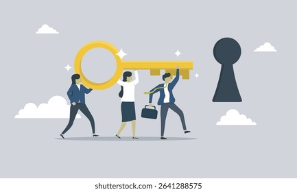 Group people bring the key of success, key to success, open the success, reach the success, business person reach the opportunity in business industry, teamwork help company achieve.