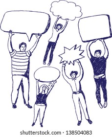 Group people and bubbles ink draw Unrecognizable casual people and bubbles. Ink drawing vector illustration.