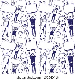 Group people and bubbles ink draw seamless pattern Seamless doodles pattern with unrecognizable people with empty bubbles. Hand draw blue ink and white vector illustration. 