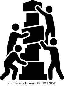 Group of people building a tower with square block shapes