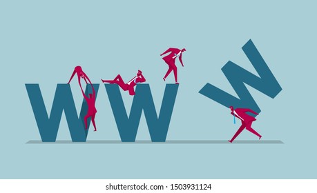  A group of people are building a website. Isolated on blue background.