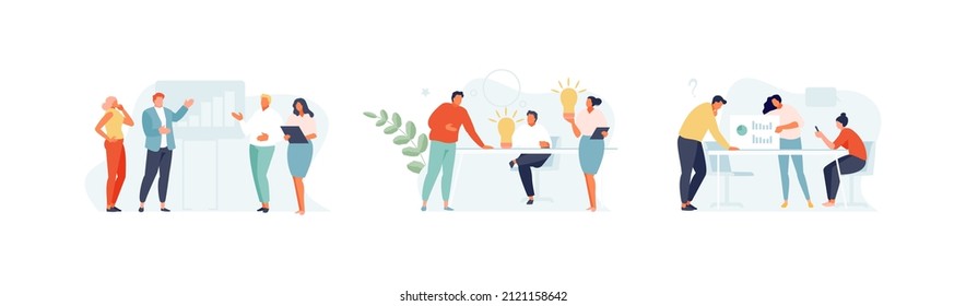 Group of people business communication and meeting. Teamwork, planner, online conference, brainstorming, presentation.Vector illustration template