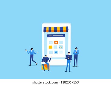 group people business  connect to online shop concept with developer team create shopping application on mobile concept
