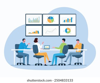 group people business data analysis team meeting with business finance investment graph report dashboard concept. flat vector illustration cartoon design