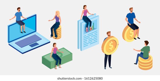 group of people with business icons vector illustration design