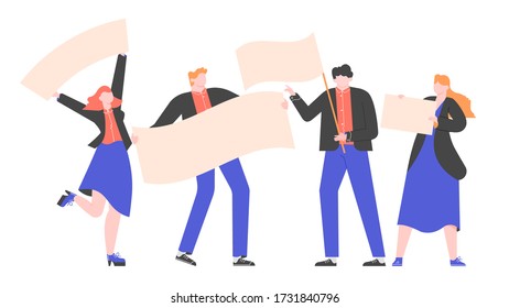 Group of people in business suits with flags and posters. Demonstration, protest or presentation of a product. Advertising and announcement. Vector flat illustration.