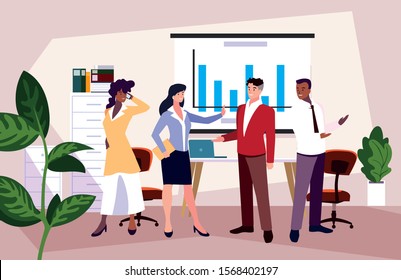 group of people business in the work office, coordinated work in friendly team in the office vector illustration design