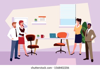 group of people business in the work office, coordinated work in friendly team in the office vector illustration design