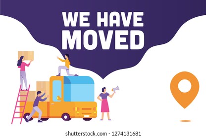 group of people is busy with cardboards on car, team worker announce with megaphone they're moving to a new place with We Have Moved title, use for, landing page, template, UI, web, mobile app, poster