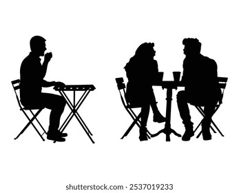Group of People in Cafe Silhouette isolated white background. Vector Illustration