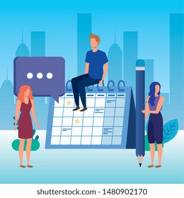 group of people with calendar characters