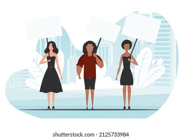 A group of people came out to protest. Banner in blue tones. Vector in cartoon style.