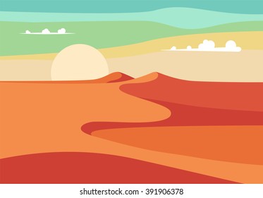 Group of People with Camels Caravan Riding in Realistic Wide Desert Sands in Middle East.  Editable Vector Illustration