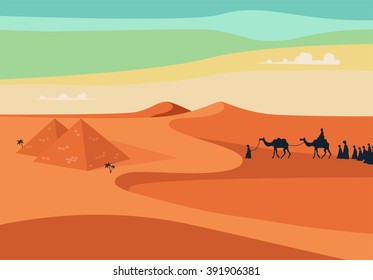 Group of People with Camels Caravan Riding in Realistic Wide Desert Sands in Egypt.  Editable Vector Illustration