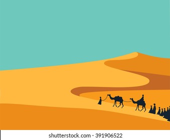 Group of People with Camels Caravan Riding in Realistic Wide Desert Sands in Middle East.  Editable Vector Illustration