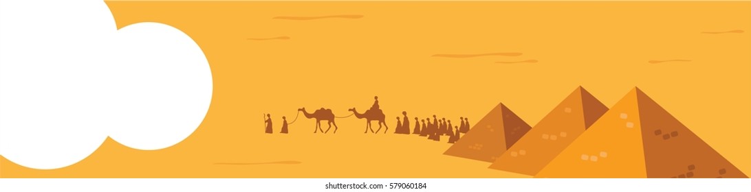 Group of People with Camels Caravan Riding in Realistic Wide Desert Sands in Middle East. Vector Illustration