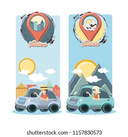 group of people in car vacations travel vector ilustration