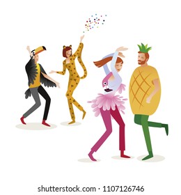 Group of people in carnival costumes. Jungle masquerade. Panter, flamingo, pineapple, toucan. Vector design for posters, banners, cards and invitations.
