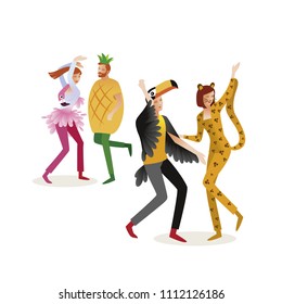 Group of people in carnival costumes. Jungle masquerade. Panter, flamingo, pineapple, toucan. Vector design for posters, banners, cards and invitations.