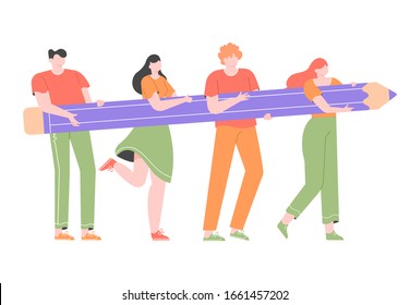 Group of people carries a giant pencil. Project planning and management, listing. Men and women go in the same direction. Students or colleagues. Vector flat illustration.