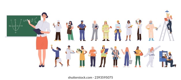 Group of people cartoon characters presenting diverse job occupation and labor work isolated set