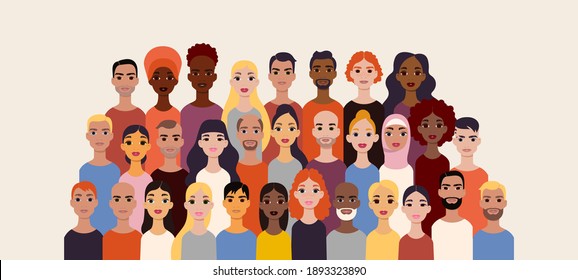 Group of people cartoon characters. Various nationality: african american, redhead, blonde, brunette, asian, muslim, european. 