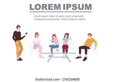 Group of people in casual clothes sitting on soft chairs cafe room with chair table flat vector illustration on white background