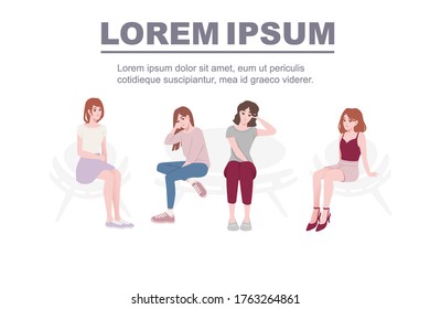 Group of people in casual clothes sitting on soft chairs cafe room with chair table flat vector illustration on white background