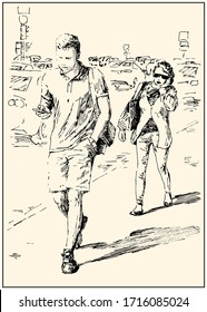 Group of people in casual style on the sity street. Summer day black and white hand drawing with pen and ink. Engraving, etching, sketch style.