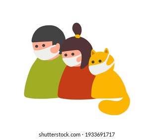 Group of people and cat in masks against pandemic. Vector illustration isolated on white background.