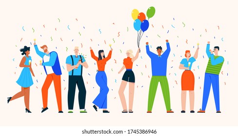 Group of people celebrate holiday at party. Man, woman have fun, holds glass with drinks, lights sparklers, holds balloons, confetti flies. Vector character illustration of greeting banner template