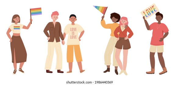 Group of people celebrate LGBT Pride mounth. Homosexual couples, gays and lesbians. Male and female with flags with LGBT rainbow. Love is love t-shirt. Parade. Human rights. Flat vector illustration.