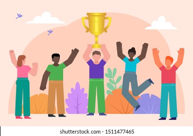 Group of people celebrate victory. Win prize, take first place, teamwork, team building concept. Poster for social media, web page, banner, presentation. Flat design vector illustration