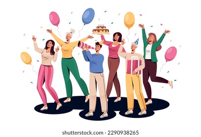 Group of people celebrating. Birthday greeting with confetti, balloons, gifts and cake. Cheerful men and women rejoice holiday together. Cartoon flat vector collection isolated on white background