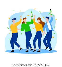 a group of people celebrating with bottles of beer. The people are shown dancing and raising their bottles in the air.