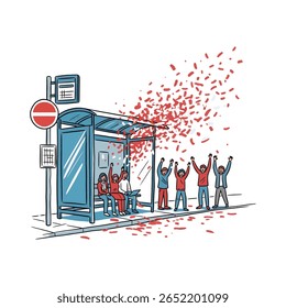 Grupo de pessoas celebrando em um ponto de ônibus, levantando os braços em emoção, com confetes caindo ao redor deles.