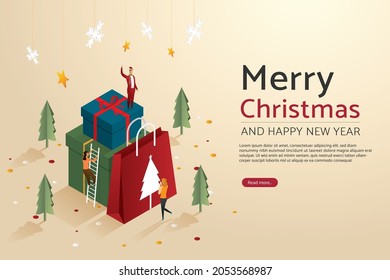 Group of people celebrating christmas near paper bag and gift box. Merry Christmas and Happy New Year holiday celebration. isometric vector illustrations.