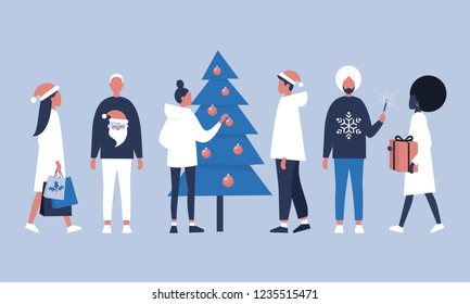 A group of people celebrating Christmas. Young adults wearing santa hats, holding presents and decorating a christmas tree. Flat editable vector illustration, clip art