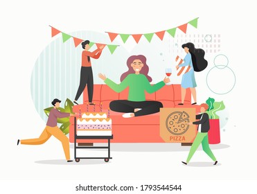 Group of people celebrating corporate party with cake, pizza, wine, vector flat illustration. Birthday party celebration with friends. Happy holiday.