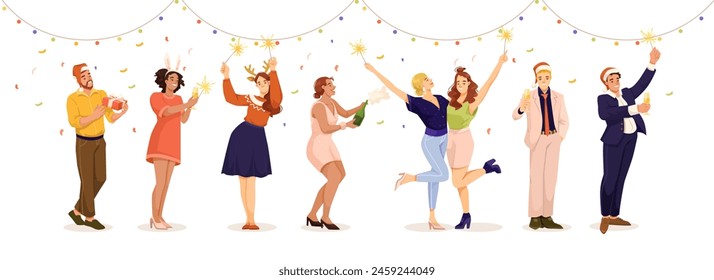 Group of people celebrating with drinks, festive attire, and sparklers, vector illustration on a white background, concept of a party or celebration. Vector illustration