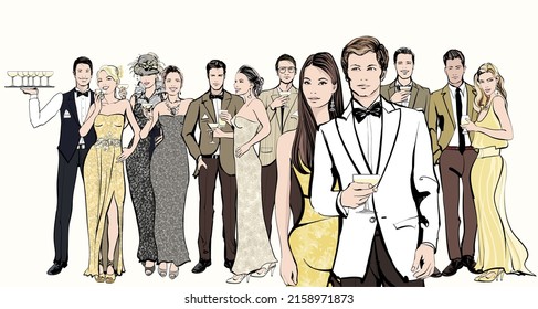 Group of people celebrating an event (wedding) or having a cocktail in formal dress - Vector illustration