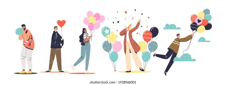 Group of people celebrating holiday or birthday with colorful balloons and confetti. Happy cheerful friends or workers team celebration or party preparation. Flat vector illustration