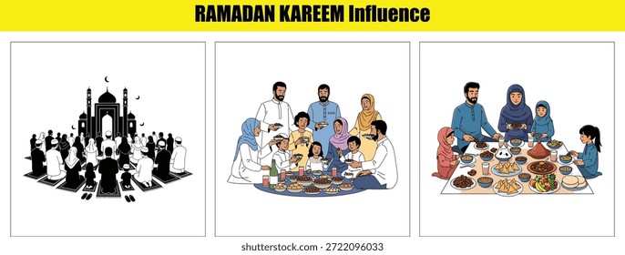 Group of people celebrating iftar during Ramadan with traditional food and drinks on a table