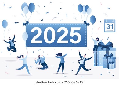 Group of people celebrating new 2025 year. Merry christmas, funny corporate party. Happy tiny businesspeople with gift boxes, balloons and confetti. 31 December, celebration event. Vector illustration