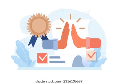 Group of people celebrating an overall victory. Teamwork or friends achievement. Happy characters together, corporate success. Flat vector illustration
