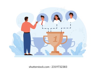 Group of people celebrating an overall victory. Teamwork or friends achievement. Happy characters together, corporate success. Flat vector illustration