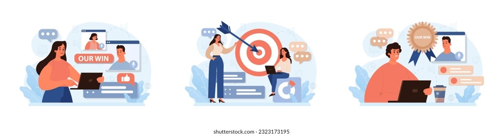 Group of people celebrating an overall victory set. Teamwork or friends achievement. Happy characters together, corporate success. Flat vector illustration