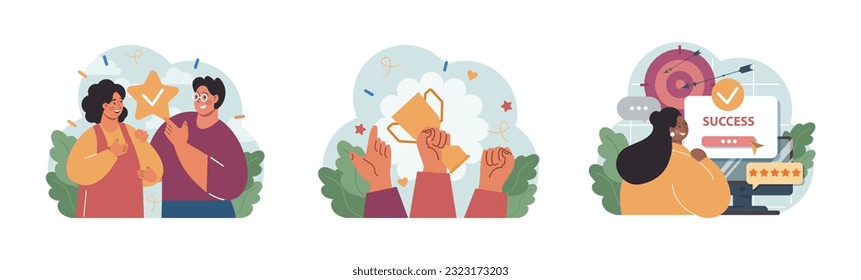 Group of people celebrating an overall victory set. Teamwork or friends achievement. Happy characters together, corporate success. Flat vector illustration