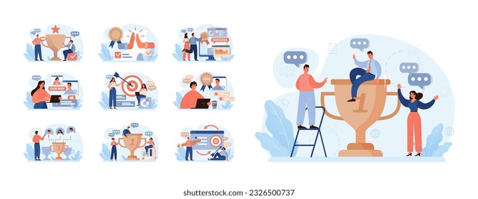 Group of people celebrating an overall victory set. Teamwork or friends achievement. Happy characters together, corporate success. Flat vector illustration