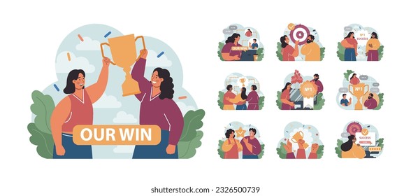 Group of people celebrating an overall victory set. Teamwork or friends achievement. Happy characters together, corporate success. Flat vector illustration